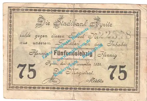 Pyritz , Notgeld 75 Pfennig Schein in gbr. M-G 1083.1.c , Pommern 1921 Seriennotgeld