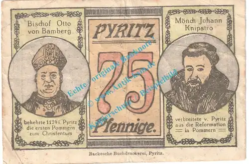 Pyritz , Notgeld 75 Pfennig Schein in gbr. M-G 1083.1.c , Pommern 1921 Seriennotgeld