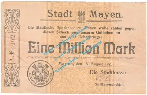 Mayen , Notgeld 1 Million Mark Schein in S-gbr. Keller 3485.b , Rheinland 1923 Grossnotgeld Inflation