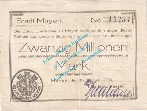 Mayen , Notgeld 20 Millionen Mark Schein in gbr. Keller 3485.b , Rheinland 1923 Grossnotgeld Inflation