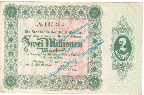 Wetzlar , Notgeld 2 Millionen Mark Schein in gbr. Keller 5594.a , Rheinland 1923 Grossnotgeld Inflation
