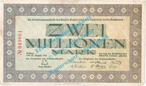 Wetzlar , Notgeld 2 Millionen Mark Schein in gbr. Keller 5598.b , Rheinland 1923 Grossnotgeld Inflation