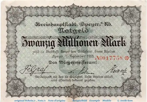 Banknote Stadt Speyer , 20 Millionen Mark Schein in gbr. Keller 4834.o , von 1923 , Pfalz Inflation