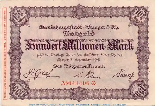 Banknote Stadt Speyer , 100 Millionen Mark Schein in L-gbr. Keller 4834.p , von 1923 , Pfalz Inflation