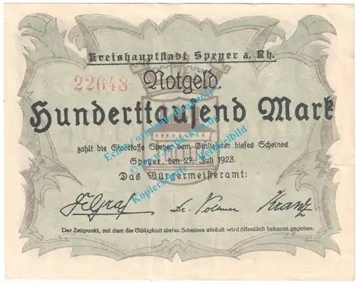 Speyer , Notgeld 100.000 Mark Schein in L-gbr. Keller 4834.b , Pfalz 1923 Grossnotgeld Inflation