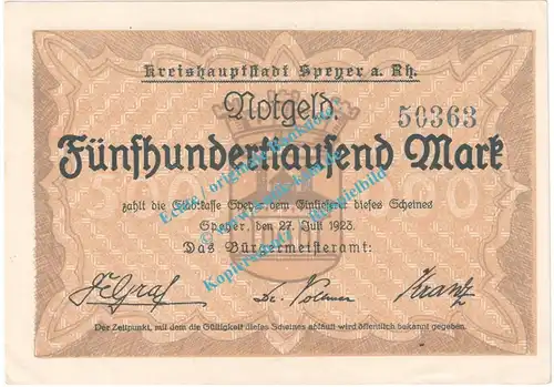 Speyer , Notgeld 500.000 Mark Schein in kfr. Keller 4834.c , Pfalz 1923 Grossnotgeld Inflation