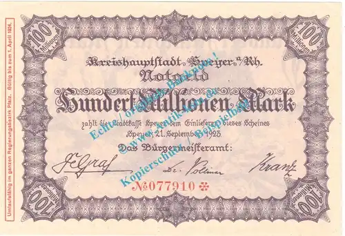 Speyer , Notgeld 100 Millionen Mark Schein in kfr. Keller 4834.p , Pfalz 1923 Grossnotgeld Inflation