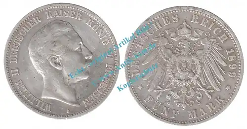 Silbermünze deutsches Reich , 5 Mark Stück von 1899 A -Wilhelm II- , J.104 , Preussen