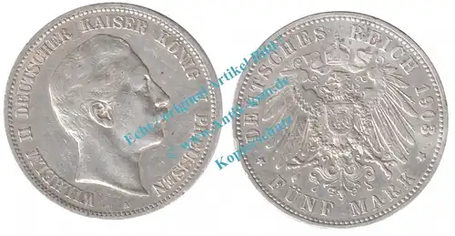 Silbermünze deutsches Reich , 5 Mark Stück von 1903 A -Wilhelm II- , J.104 , Preussen