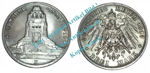 Silbermünze deutsches Reich , 3 Mark -Völkerschlacht- von 1913 E , Jäger 140 , Königreich Sachsen