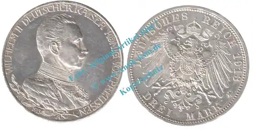 Silbermünze deutsches Reich , 3 Mark Stück von 1913 A -25 jubiläum- , J.112 , Preussen