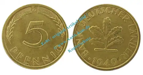 Kursmünze Bank deutscher Länder , 5 Pfennig Stück von 1949 G , J.377 , Bundesrepublik Deutschland