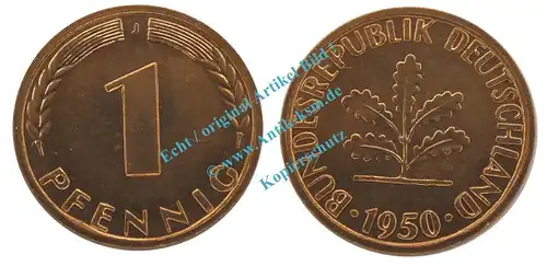 Kursmünze Bundesrepublik Deutschland , 1 Pfennig Stück von 1950 J , J.380 , stgl