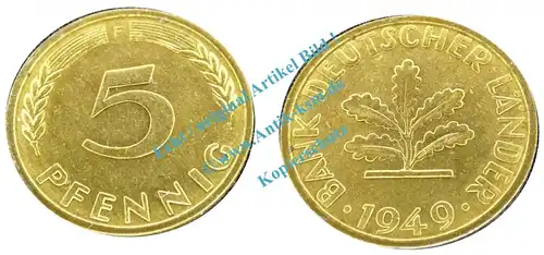 Kursmünze BDL , 5 Pfennig Stück vz - Stgl. von 1949 F , J.377 -0522