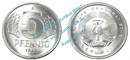 Kursmünze DDR , 5 Pfennig Stück bfr-Stgl. von 1986 A , J.1509 -0531