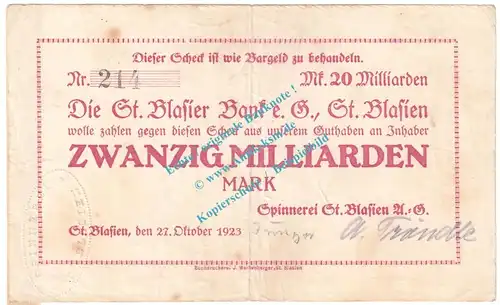 St. Blasien , Notgeld 20 Milliarden Mark Schein in gbr. Keller 4713.a , Baden 1923 Grossnotgeld Inflation