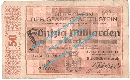 Staffelstein , Notgeld 50 Milliarden Mark Schein in gbr. Keller 4857.c , Bayern 1923 Grossnotgeld Inflation