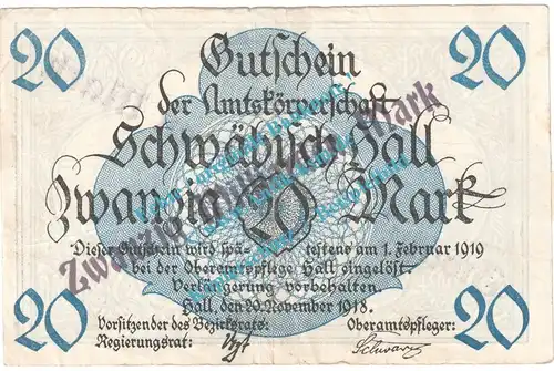 Schwäbisch Hall , Notgeld 20 Milliarden Mark Schein in gbr. Geiger 487.W4 , Württemberg o.D. Grossnotgeld Inflation