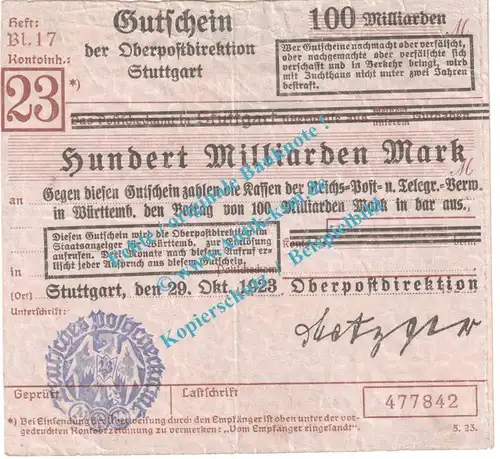 Stuttgart , Notgeld 100 Milliarden Mark Schein in gbr. Keller 4925.b , Württemberg 1923 Grossnotgeld Inflation