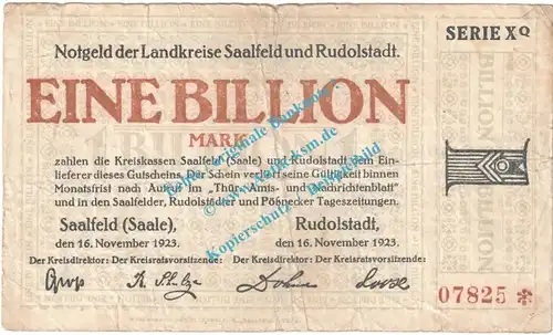 Saalfeld , Notgeld 1 Billion Mark Schein in gbr. Keller 4683.n , Thüringen 1923 Grossnotgeld Inflation