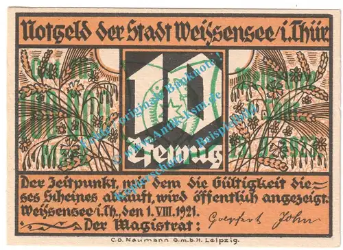 Weissensee , Notgeld 100.000 Mark -Überdruck- in kfr. Keller unbekannt , Thüringen 1923 Grossnotgeld Inflation