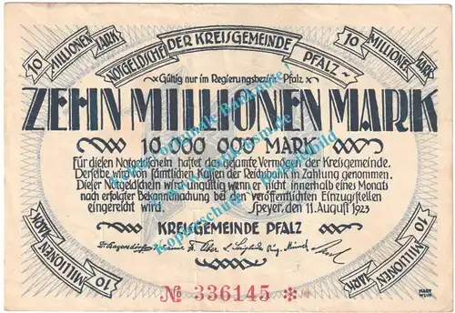 Speyer , Notgeld 10 Millionen Mark Schein in gbr. Keller 4286.b , Pfalz 1923 Grossnotgeld Inflation