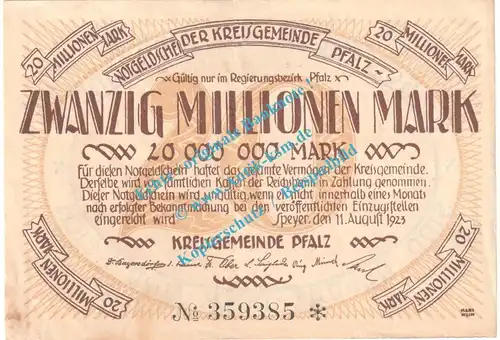 Speyer , Notgeld 20 Millionen Mark Schein in gbr. Keller 4286.b , Pfalz 1923 Grossnotgeld Inflation