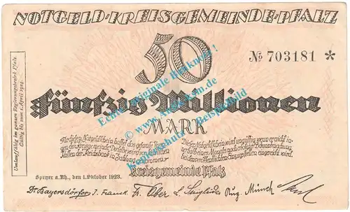 Speyer , Notgeld 50 Millionen Mark Schein in L-gbr. Keller 4286.c , Pfalz 1923 Grossnotgeld Inflation