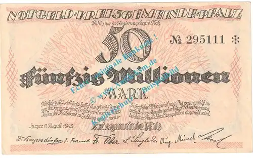 Speyer , Notgeld 50 Millionen Mark Schein in L-gbr. Keller 4286.b , Pfalz 1923 Grossnotgeld Inflation