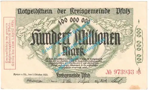 Speyer , Notgeld 100 Millionen Mark Schein in f-kfr. Keller 4286.d , Pfalz 1923 Grossnotgeld Inflation