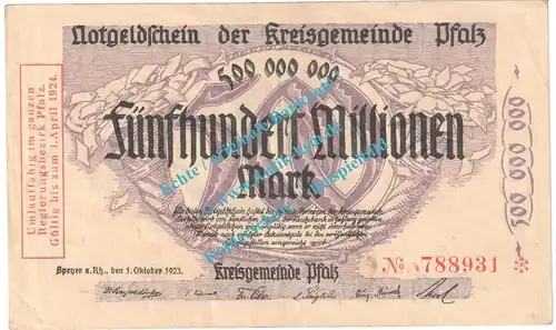 Speyer , Notgeld 500 Millionen Mark Schein in L-gbr. Keller 4286.d , Pfalz 1923 Grossnotgeld Inflation