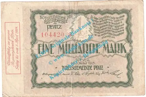 Speyer , Notgeld 1 Milliarde Mark Schein in gbr. Keller 4286.d , Pfalz 1923 Grossnotgeld Inflation