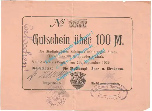 Schöneck , Notgeld 100 Mark Schein in gbr. Müller 44120.4 , Sachsen 1922 Grossnotgeld Inflation