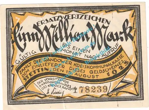 Randow , Notgeld 1 Million Mark Schein Vs.10 in gbr. Keller 4424.a , Pommern 1923 Grossnotgeld Inflation