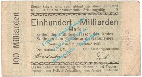 Sodingen , Notgeld 100 Milliarden Mark Schein in gbr. Topp 814.21 , Westfalen 1923 Grossnotgeld Inflation
