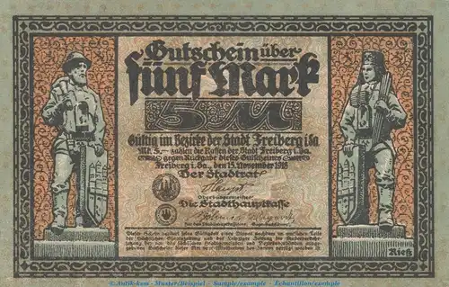 Notgeld Stadt Freiberg , 5 Mark Schein in kfr. Geiger 157.01.a von 1918 , Sachsen Grossnotgeld