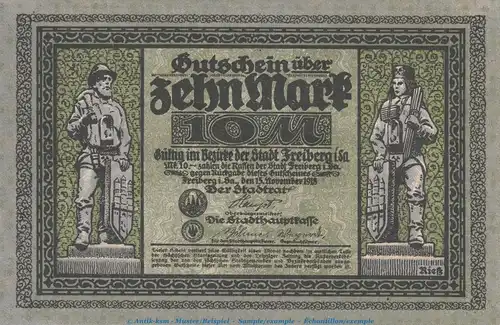 Freiberg , Notgeld 10 Mark Schein in kfr. Bühn 1753.2 , Sachsen 1918 Grossnotgeld