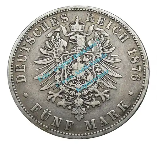 Kursmünze Preussen , 5 Mark Stück -Wilhelm I- s-ss von 1876 A , J.97 -0553