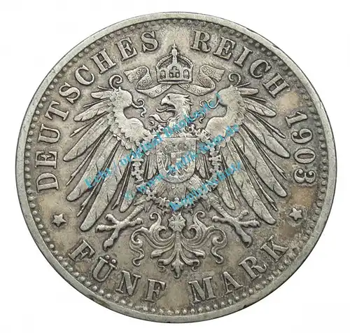 Kursmünze Württemberg , 5 Mark Stück -Wilhelm II- ss von 1903 F , J.176 -0554