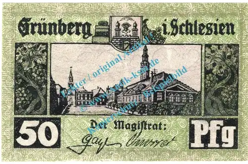 Grünberg , Notgeld 50 Pfennig Schein in kfr. Tieste 2640.05.21 , Schlesien o.D. Verkehrsausgabe