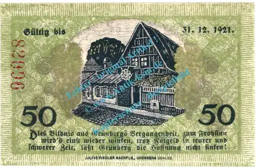 Grünberg , Notgeld 50 Pfennig Schein in kfr. Tieste 2640.05.21 , Schlesien o.D. Verkehrsausgabe