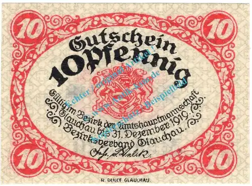 Glauchau , Notgeld 10 Pfennig Schein in kfr. Tieste 2260.05.05 , Sachsen 1918 Verkehrsausgabe