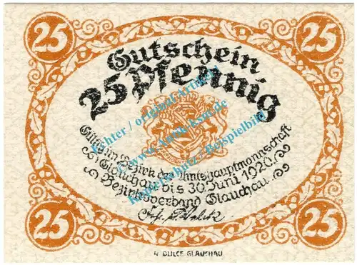 Glauchau , Notgeld 25 Pfennig Schein in kfr. Tieste 2260.05.11 , Sachsen 1919 Verkehrsausgabe