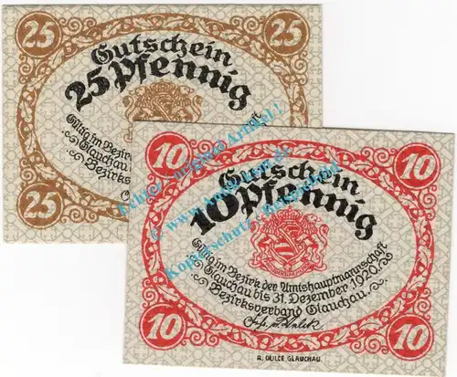 Glauchau , Notgeld Set mit 2 Scheinen in kfr. Tieste 2260.05.15-16 , Sachsen 1920 Verkehrsausgabe