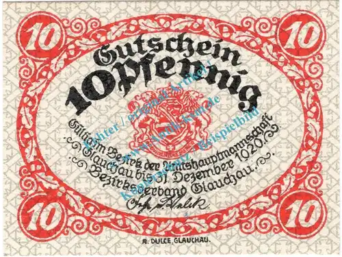 Glauchau , Notgeld 10 Pfennig Schein in kfr. Tieste 2260.05.15 , Sachsen 1920 Verkehrsausgabe