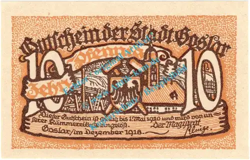 Goslar , Notgeld 10 Pfennig Schein in kfr. Tieste 2375.05.05 , Niedersachsen 1918 Verkehrsausgabe