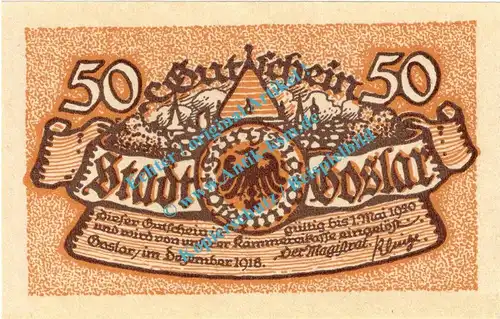 Goslar , Notgeld 50 Pfennig Schein in kfr. Tieste 2375.05.07 , Niedersachsen 1918 Verkehrsausgabe