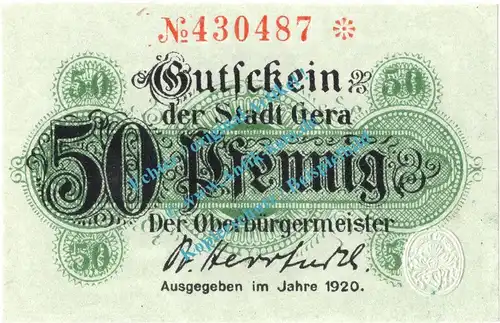 Gera , Notgeld 50 Pfennig Schein in kfr. Tieste 2180.20.32 , Thüringen 1920 Verkehrsausgabe