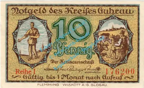 Guhrau , Notgeld 10 Pfennig Schein in kfr. Tieste 2660.05.01 , Schlesien o.D. Verkehrsausgabe