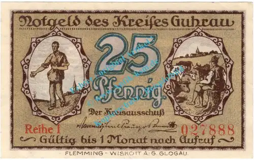 Guhrau , Notgeld 25 Pfennig Schein in kfr. Tieste 2660.05.02 , Schlesien o.D. Verkehrsausgabe